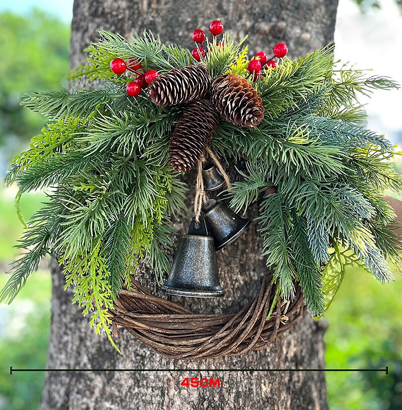 Weihnachtskranz Boho-Kranz, 17,7'' künstlicher goldener Glockenkranz, Weihnachtsbaum-Haustür-Hängegirlande, handgefertigter Kiefernring-Weinrebenkranz, Feier-Weihnachtsdekoration 2025 - $26.99 –P6