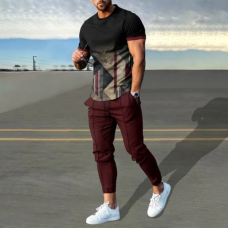 Geometric Graphic Prints Sport Designer Casual Men's 3D Print Shirt Set T-Shirt Outfits Shirt and Pant Sets Outdoor Daily Vacation T shirt Burgundy Short Sleeve Crew Neck Shirt Spring & Summer 2023 - AED 133 –P1