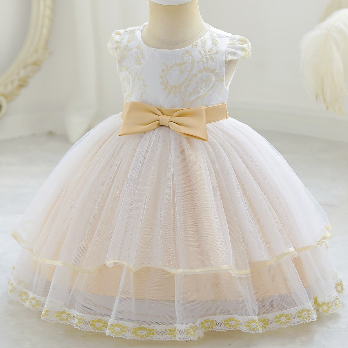 Kleid für Kleinkinder, Mädchen, Blume, ärmellos, Performance, Party, Netz, niedlich, Polyester, knielang, Tüllkleid, Sommer, Frühling, 0–3 Jahre, Gold 2025 - $33.99 –P4
