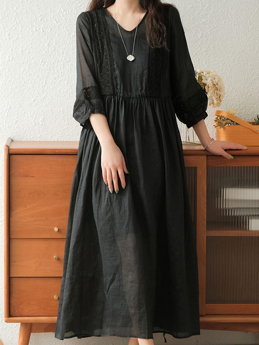 Femmes Noir Blanche Jaune Automne Robe maxi Robes inspirées du lin Robe Décontractée Basique Classique Occasionnel Extérieur Vacances Quotidien Coupe Ample Uni Col en V de 2025 ? $32.99 –P7