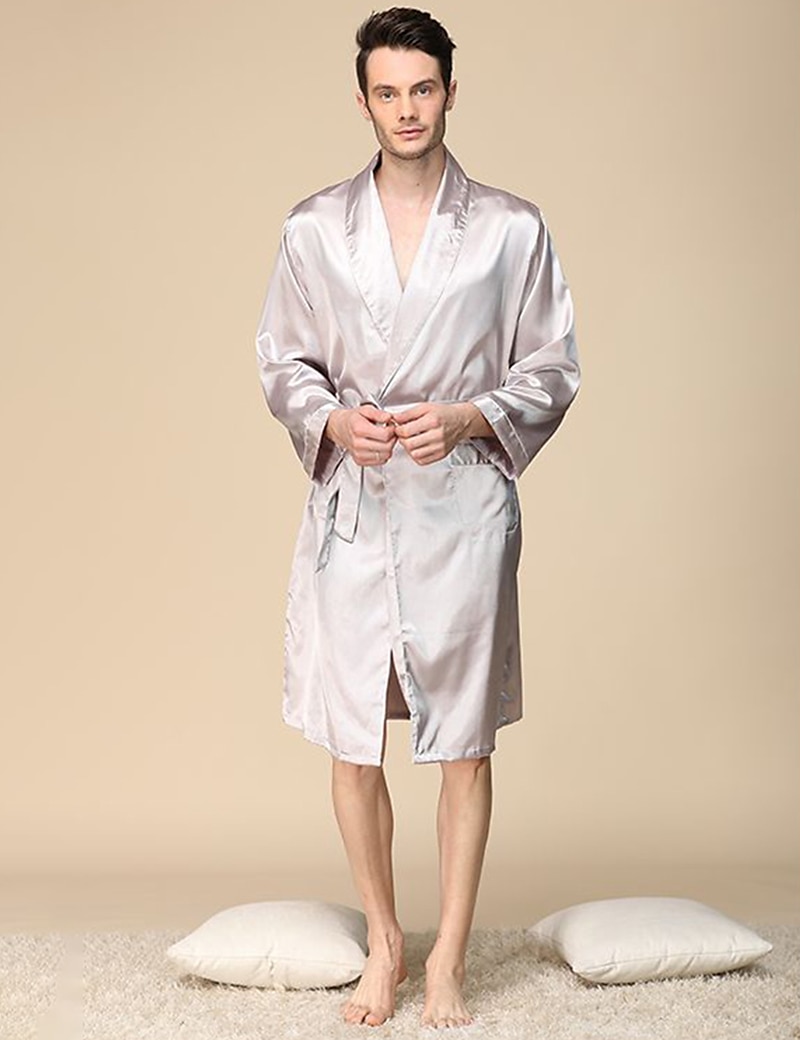 Men's Robe Silk Robe Sleepwear Plain Stylish Casual Comfort Home Daily Bed Faux Silk Comfort Summer Spring Silver Blue 2025 - $36.99 –P3