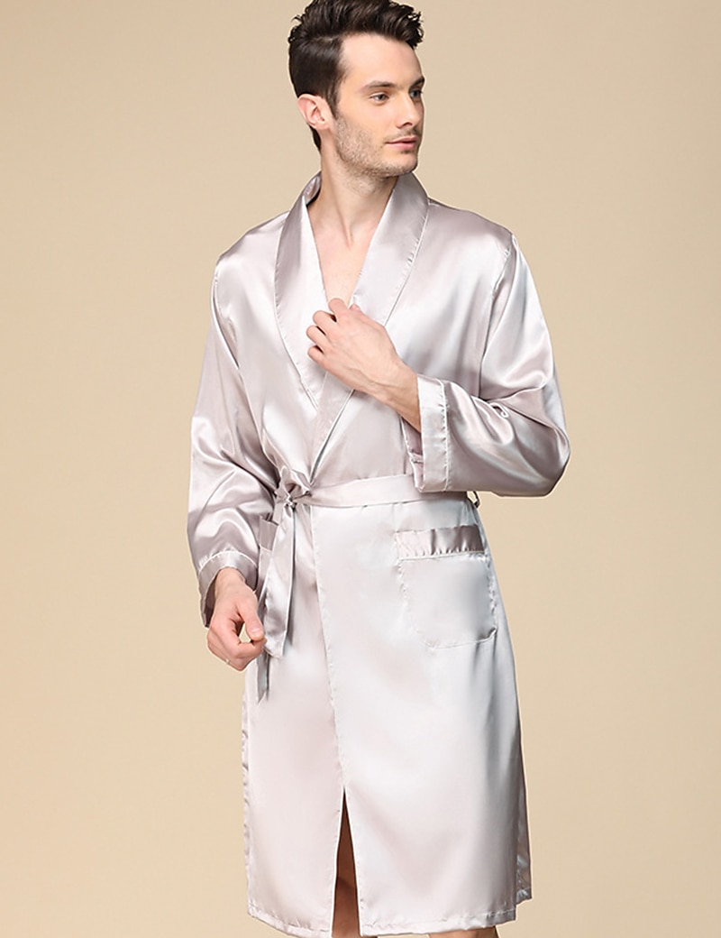 Men's Robe Silk Robe Sleepwear Plain Stylish Casual Comfort Home Daily Bed Faux Silk Comfort Summer Spring Silver Blue 2025 - $36.99 –P1