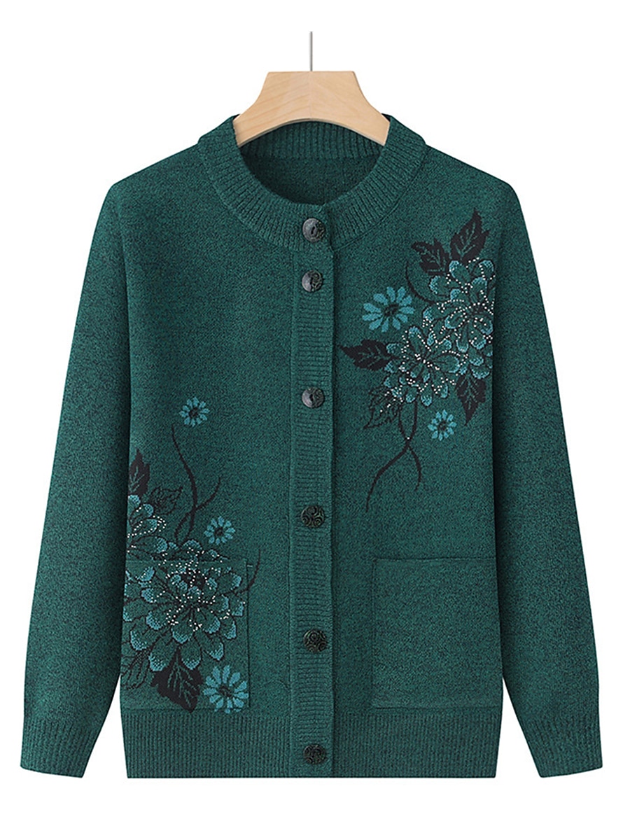 Dames Vest Trui Stijlvol Casual Zacht Bloemig Geribd Strakke ronde hals Knop Zak Lange mouw breien Buiten Feestdagen Uitgaan bordeaux Grasgroen Herfst Winter 2025 - $31.99 –P8