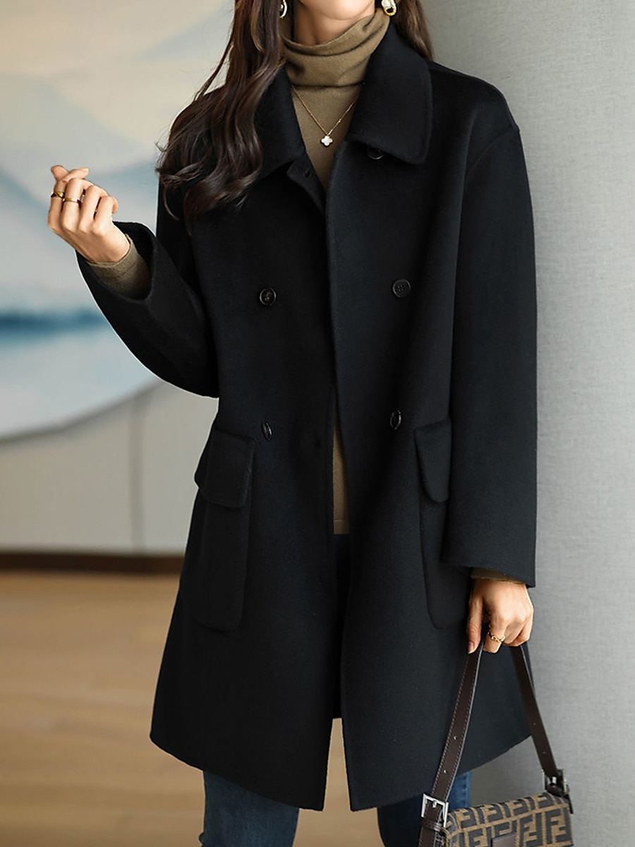 Women's Coat Winter Long Pea Coat Windproof Over Coat with Pockets Maillard Warm Fall Trench Coat Modern Casual Trendy Jacket Long Sleeve Black Red Camel 2023 - US $28.99 –P11