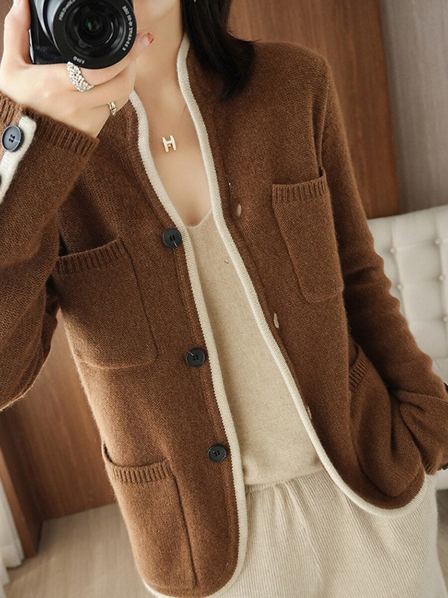 Women's Cardigan Sweater Stand Collar Ribbed Knit Alpaca Wool Button Pocket Fall Winter Outdoor Daily Going out Stylish Casual Soft Long Sleeve Solid Color Brown Beige Grey M L XL 2023 - US $27.99 –P7