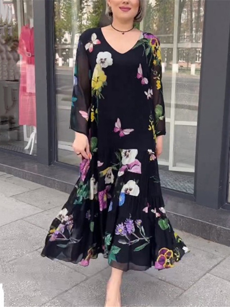 Femme Robe de bal robe soirée Invité de mariage Robe Imprimer Col V manche longue Floral robe hiver robe demoiselle d honneur Noir Printemps Hiver de 2025 ? $28.99 –P4