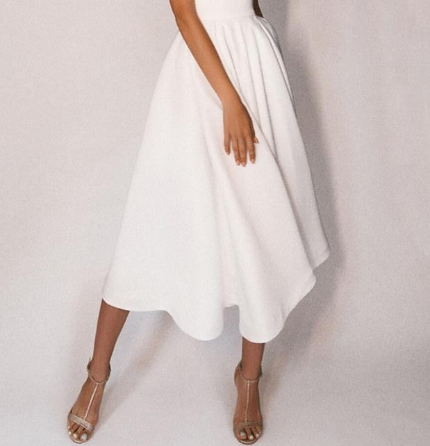 Strand Bruiloft Ontvangst Kleine Witte Jurk Bruidsdouche Jurken Casual Bruidsjurken A-Lijn V-hals Cap Mouw Thee Lengte Chiffon Bruidsjurken Met Plooien 2025 - $134.99 –P2