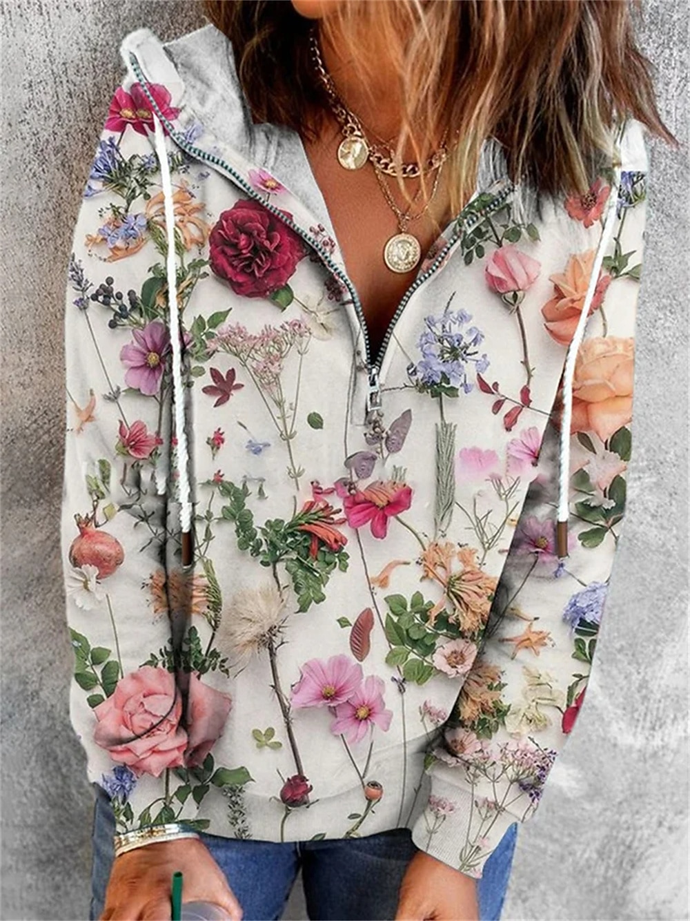 felpa con cappuccio da donna con cerniera felpa con cappuccio pullover floreale strada casual cerniera a un quarto vintage basic felpa con cappuccio manica lunga micro-elastico autunno&amp;tessuto del 2025 a $7.99 –P2