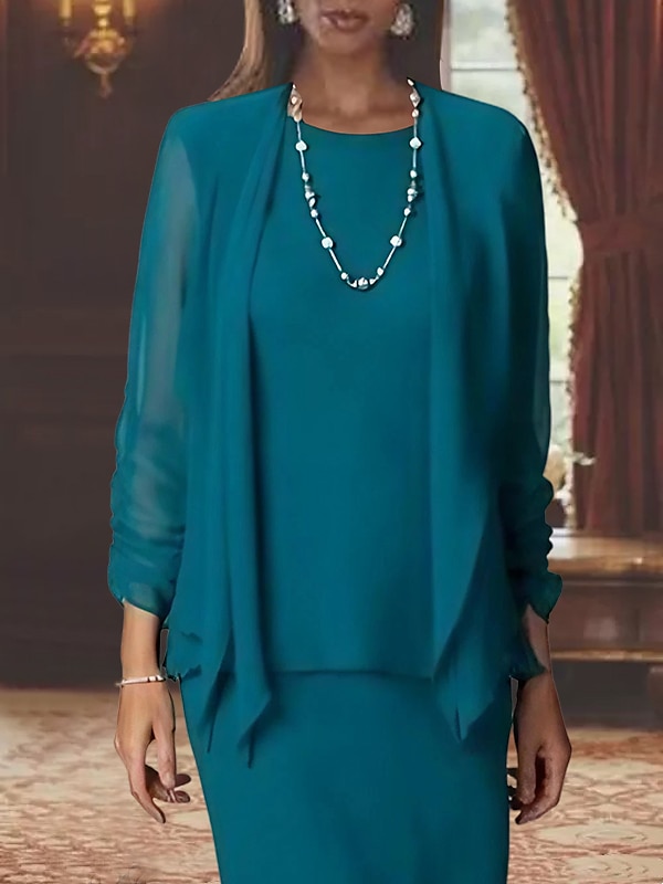 Twee delige sheath moeder van de bruid jurk formele bruiloft gast elegante scoop hals vloer lengte chiffon lange mouw omslag inbegrepen met effen kleur gratis op maat gemaakt 2025 - $137.99 –P2