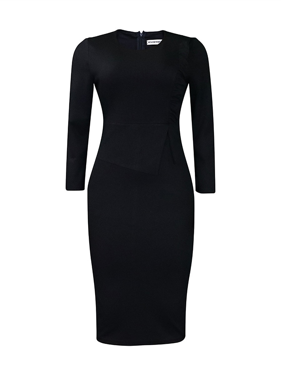 Women's Work Dress Sheath Dress Black Dress Fashion Midi Dress Ruched Split Crew Neck Long Sleeve Plain Regular Fit Black White Red Fall Winter S M L XL XXL 2023 - AED 123 –P14