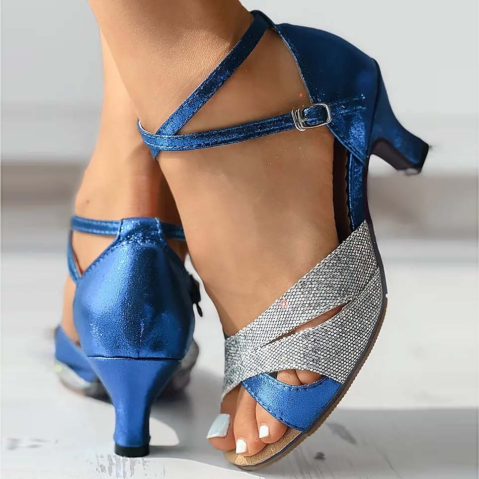 kvinners sølvglitter med åpen tå latinske dansesko - rhinestone-utsmykkede ankelremsandaler for ballsal og festarrangementer 2025 - $32.99 –P11