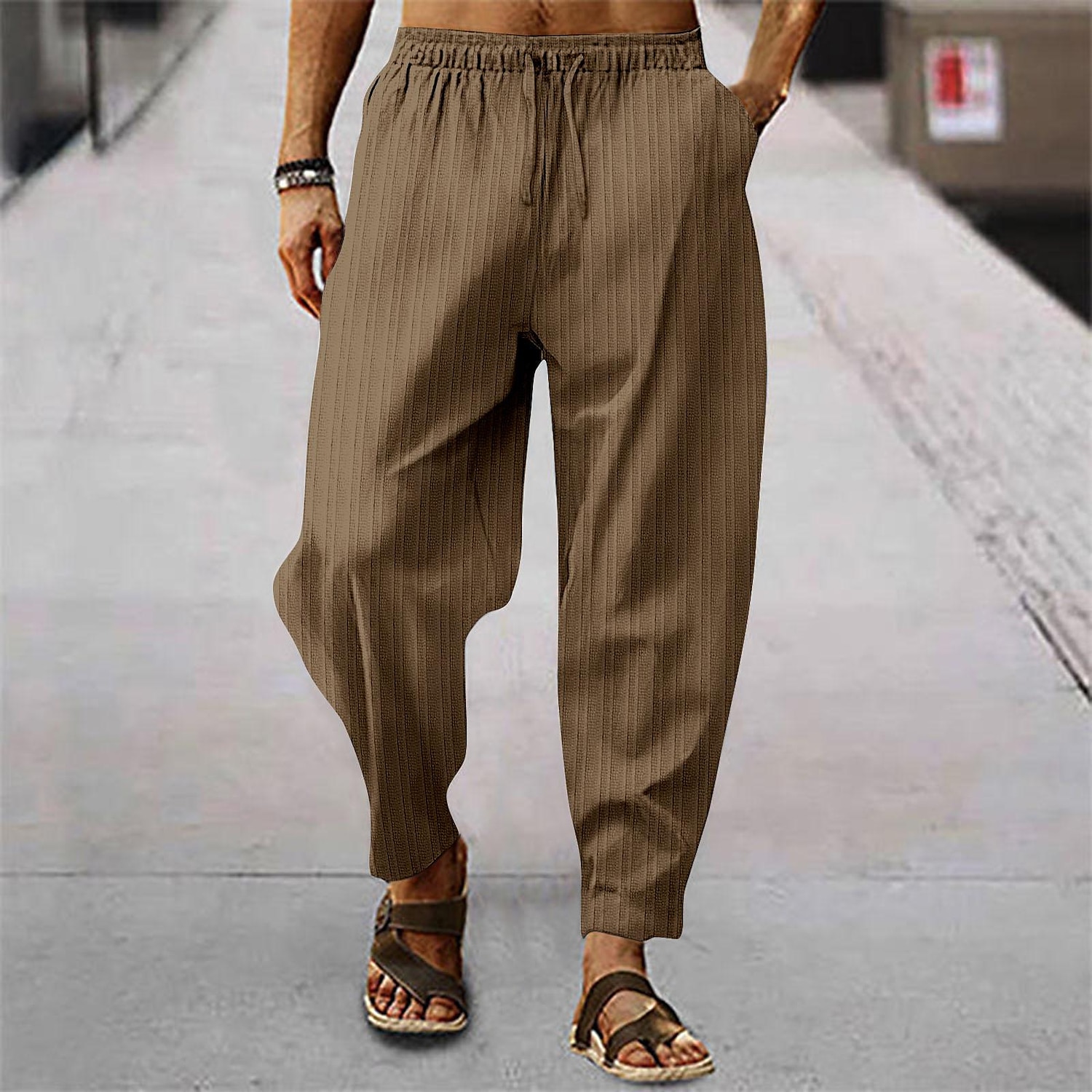 Men's Trousers Summer Pants Baggy Pants Pocket Drawstring Elastic Waist Stripe Full Length Casual Daily Fashion Classic Style Loose Fit Dark Brown Dark Khaki Inelastic 2025 - $15.49 –P2