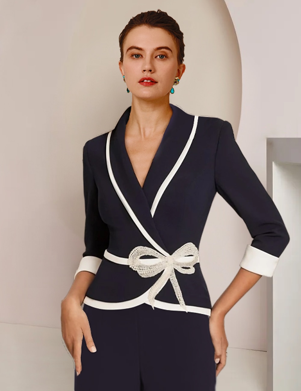 TS Two Piece Jumpsuit Pantsuit Mother of the Bride Dress Formal Elegant Shirt Collar Floor Length Stretch Chiffon 3 4 Length Sleeve Wrap Included with Crystals Color Block 2024 free custom size 2024 1...