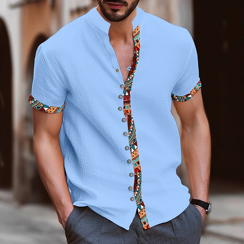 Herren Stammes Vintage Hemd Knopfhemd Kurzarm Mode Streetwear Designer Urlaub Straße Täglich Sommer Frühling Stehkragen Druck Blau-Grün Weiß Marineblau Blau Orange 2025 - $24.99 –P2