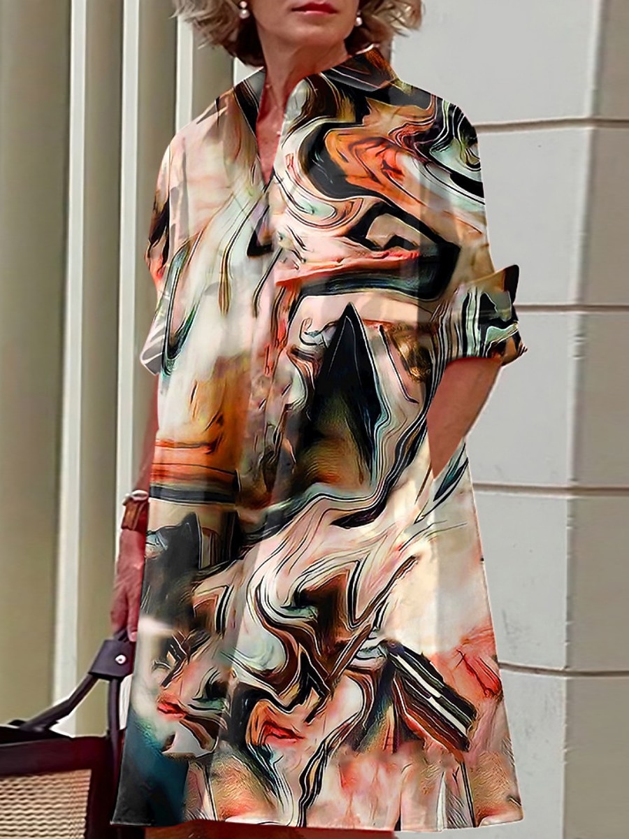Abito midi donna Abito camicia Abito casual da esterno ufficio quotidiano moda moderna colletto camicia bottoni tasca maniche lunghe autunno inverno taglia larga a blocchi di colore graffiti del 2025 a $41.99 –P1