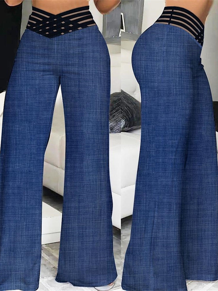 Women's Wide Leg Pants Trousers Full Length Faux Denim High Cut Hole High Elasticity High Waist Fashion Streetwear Party Street Blue S M Fall & Winter 2023 - AED 109 –P1