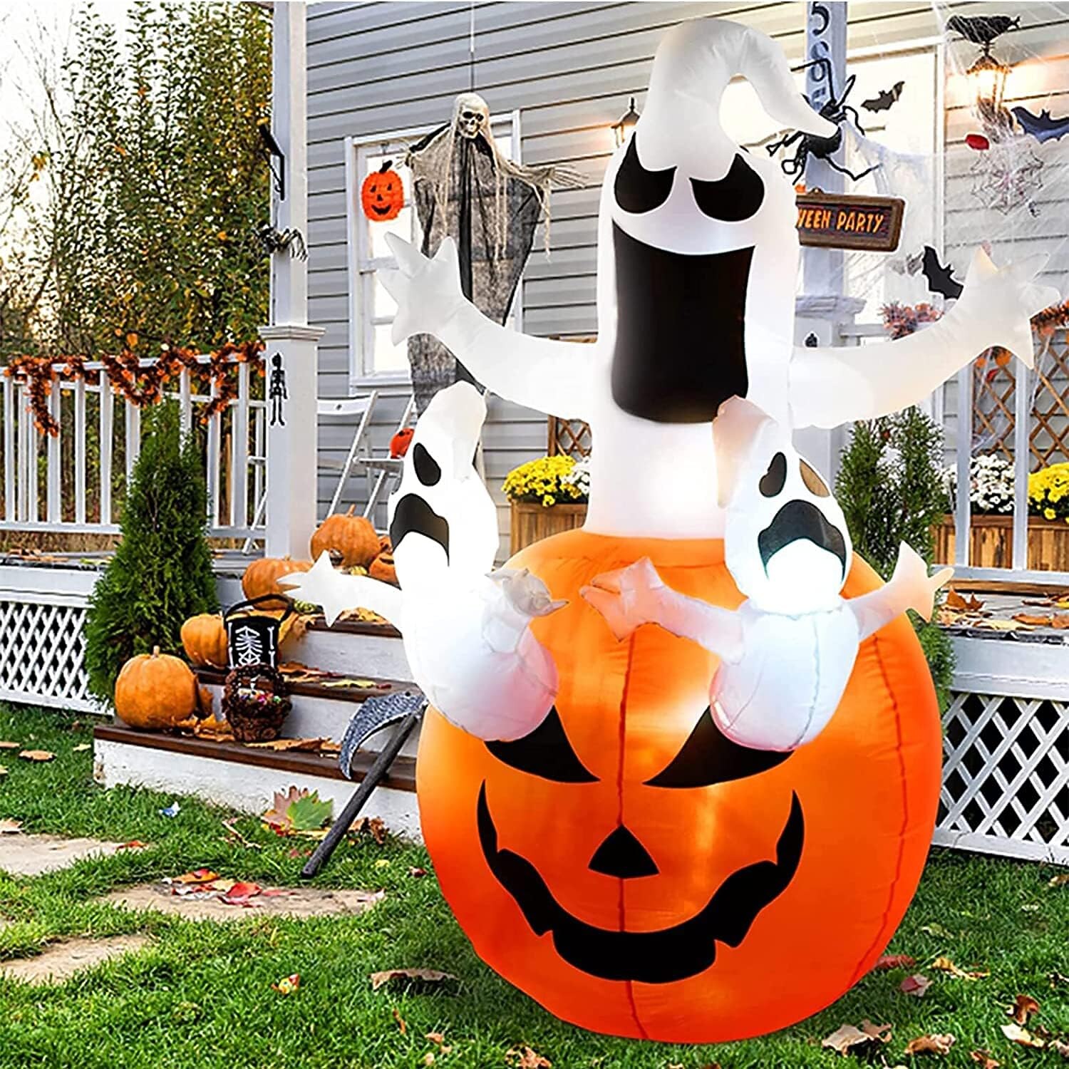 Decoraciones de Halloween, calabaza inflable de Jack-O-Lantern y fantasmas de 6 pies, exhibición de patio LED para exteriores inflable, impermeable 2025 - $64.99 –P2
