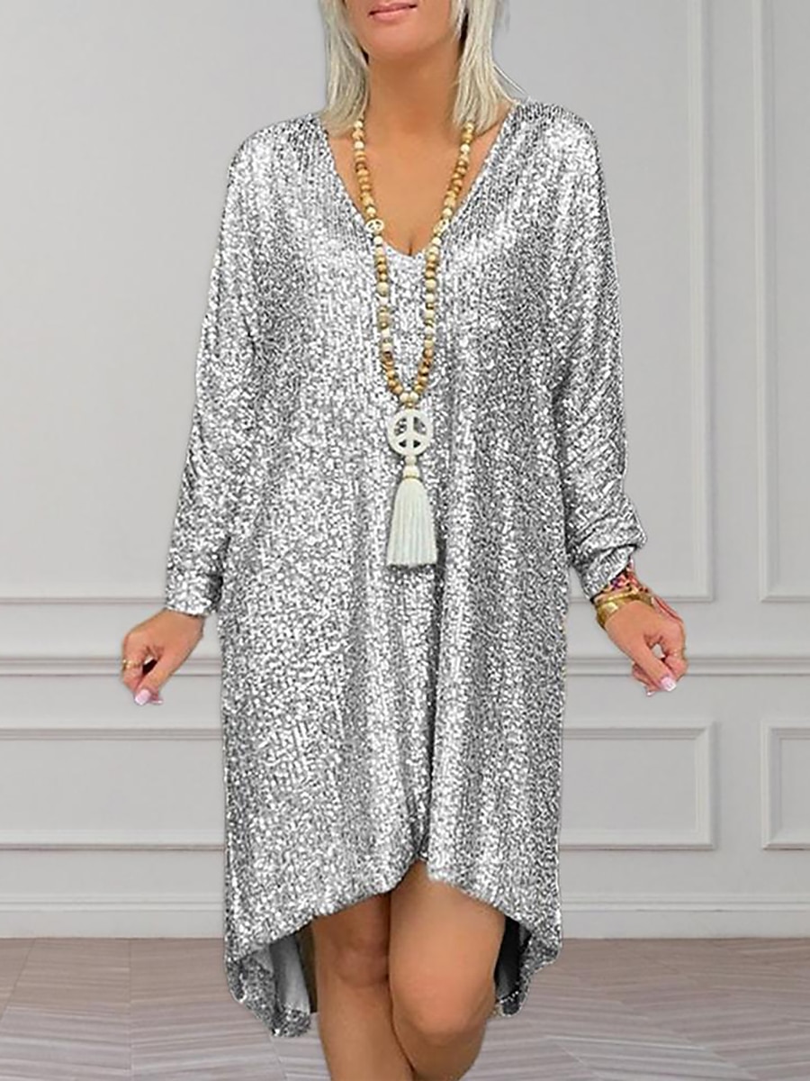Damskie Krzywa Codzienne sukienki Sukienka trapezowa Sukienka mini Długi rękaw plus wysoki niski W serek Aktywny Codzienny Srebrny Złoty Jesień Zima M L XL XXL 3XL 2025 - $42.99 –P4