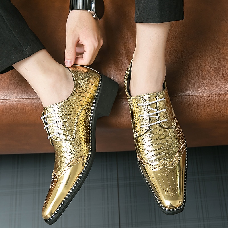 metalliske oxford-kjolesko for menn – skinnende brogue-snøresko i imitert skinn til fest, bryllup og sceneopptreden 2025 - $59.99 –P5