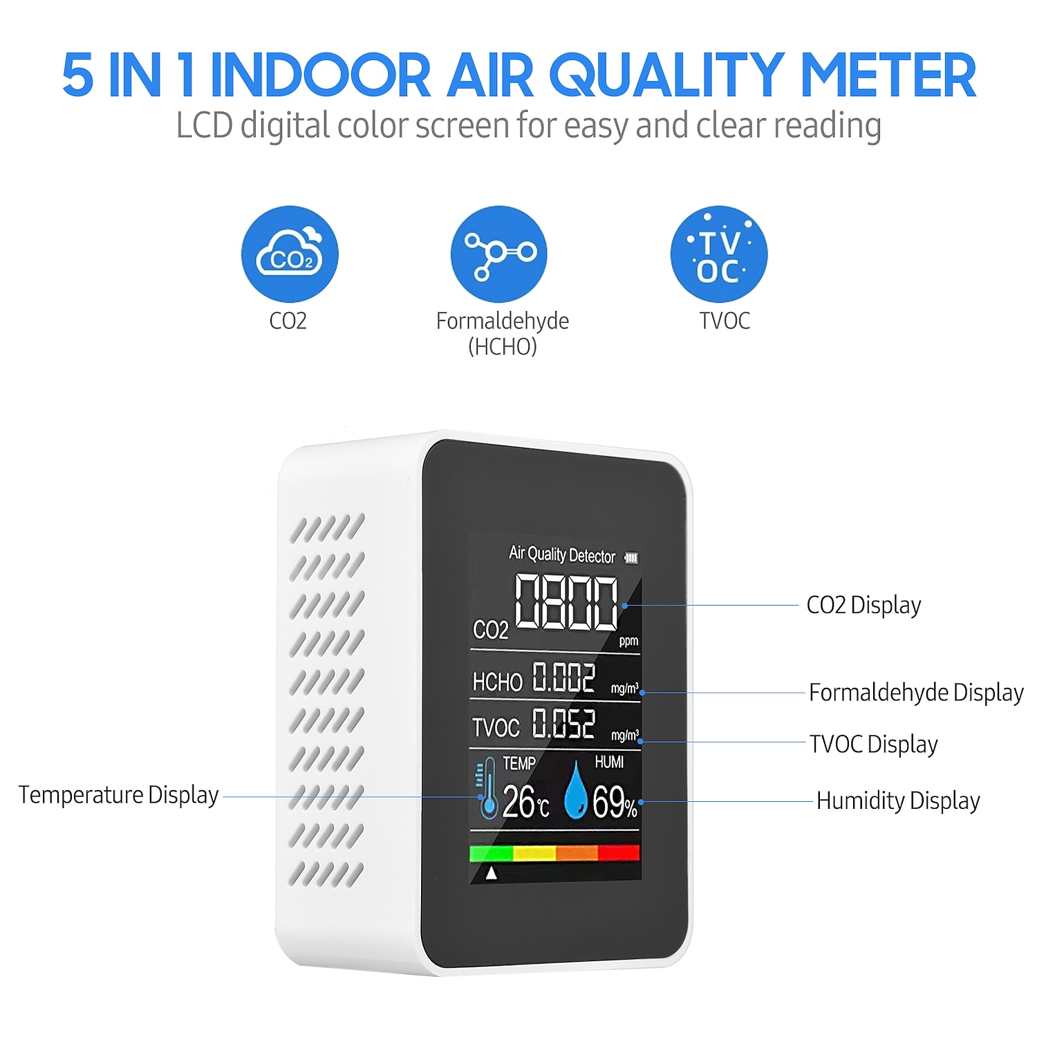 Multifunctional 5in1 CO2 Meter Digital Temperature Humidity Tester Carbon Dioxide TVOC HCHO Detector Air Quality Monitor 2025 - $31.99 –P3