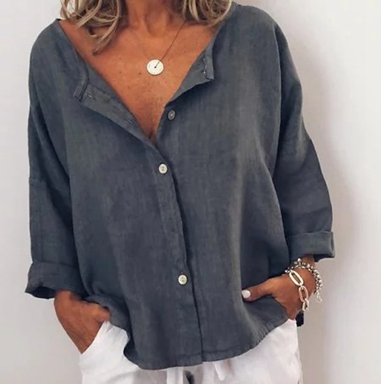 Women's Shirt Cotton Linen Shirts Button Up Blouse Plain Daily Basic Long Sleeve V Neck Regular Tops Casual Daily Buttons Army Green Red Blue Khaki Dark Gray Fall & Winter 2025 - $23.99 –P4