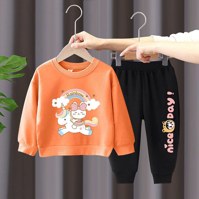 2 Stück Kinder Mädchen Regenbogen Rundhalsausschnitt Hoodie- und Jogginghosen-Set einstellen Langarm Aktiv Outdoor Baumwolle 3-7 Jahre Frühling Schwarzer Einhornpullover + schöne schwarze Hose 2025 - $16.99 –P10