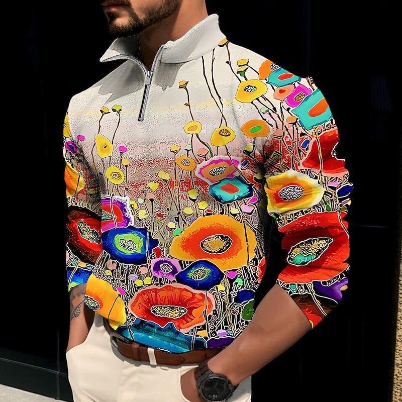 Per uomo Floreale Stampe astratte POLO Polo con zip Camicia da golf Golf Manica lunga Camicia Colletto alla coreana Esterno Strada Giallo Rosa Blu Viola Verde Cerniera Stampa Abbigliamento Di del 2026 a $25.99 –P1