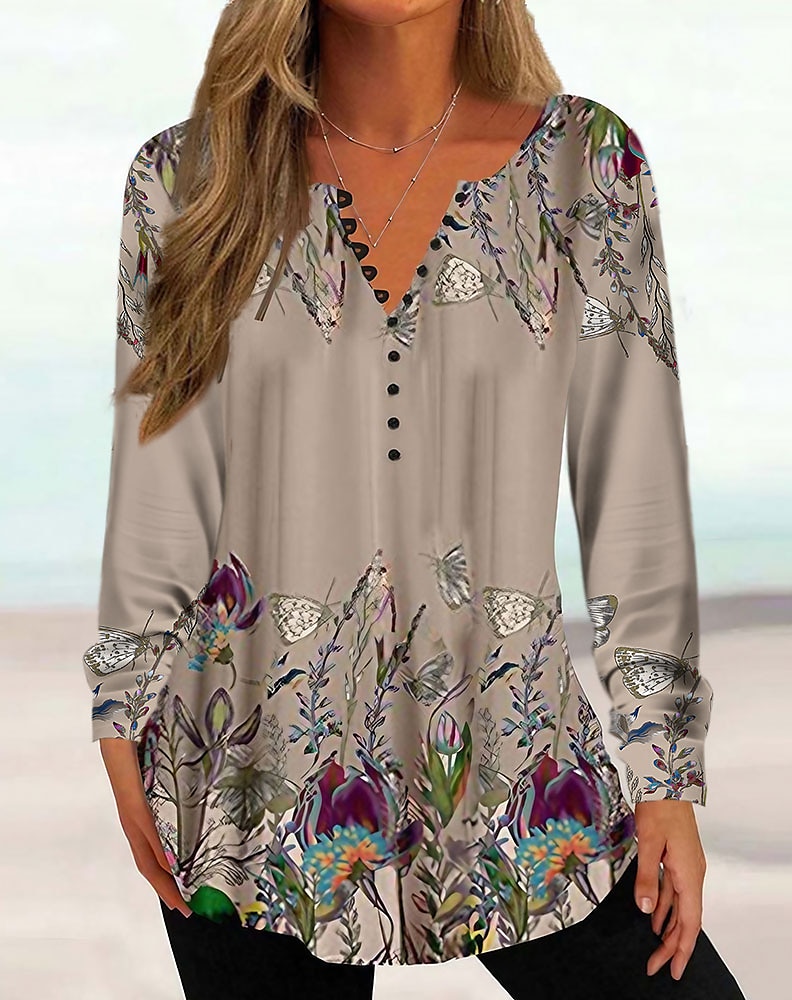 Camicia Donna Tunica Camicia Henley Blusa Tunica Base Floreale Bottoni Stampa Maniche Lunghe Tops Regolari Collo Tondo Casual Vacanza Blu Fucsia Marrone Khaki Primavera Autunno Prefall del 2026 a $24.99 –P3