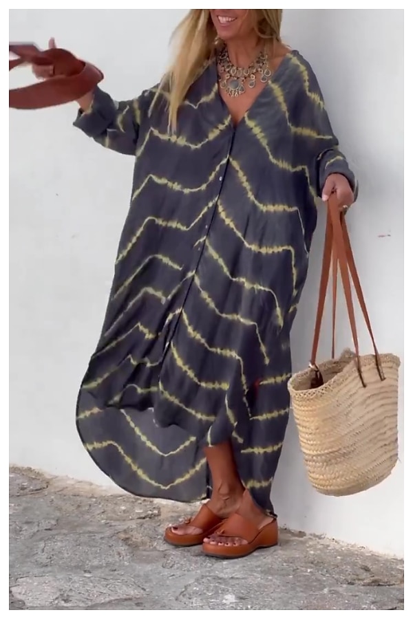 kvinners geometriske stripe knapp splitt v-hals maxi lang kjole daglig ferie langermet sommer våren 2025 - $51.99 –P2