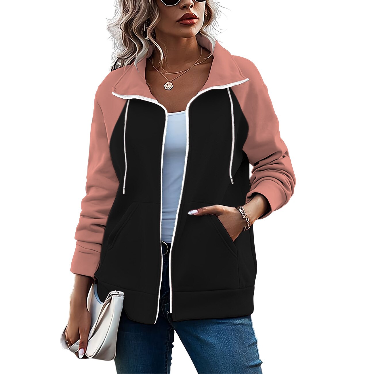 Damen Farbblock Basic Langarm Kapuzenpullover Normale Oberteile Strasse Casual Reißverschluss Vordertasche Weiß Rosa Rote Grün Armeegrün Herbst Winter 2025 - $20.99 –P4