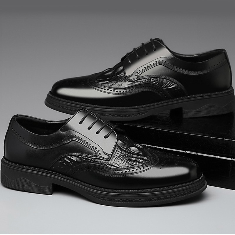 férfi barna brogue bőr oxford cipő - krokodil dombornyomott minta, fűzős kivitel, formális rendezvényekre tökéletes 2025 - $46.99 –P4