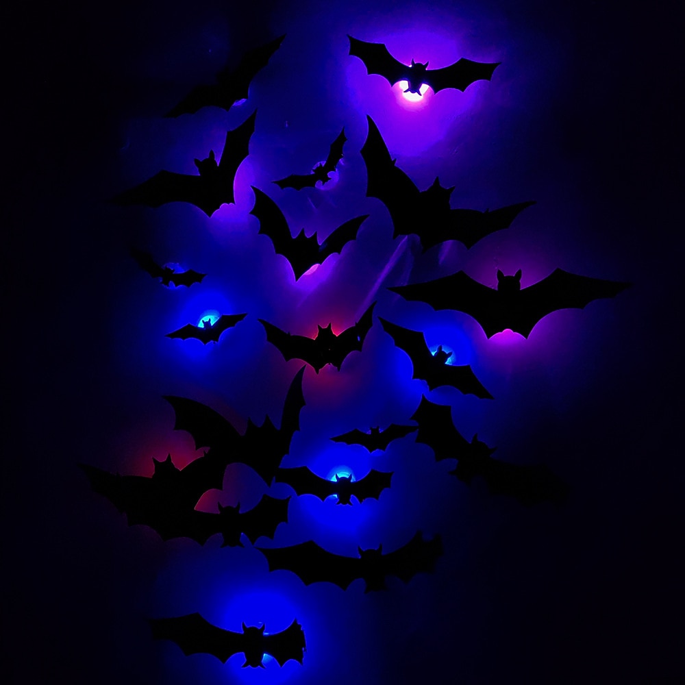halloween 12/24ks led světelná nástěnná výzdoba netopýrů, 3D netopýří halloweenská dekorace vnitřní nálepky netopýrů, voděodolné černé strašidelné kutilské netopýry pro domácí dekoraci vnitřní venkovní párty dekorace 2025 - $7.99 –P2