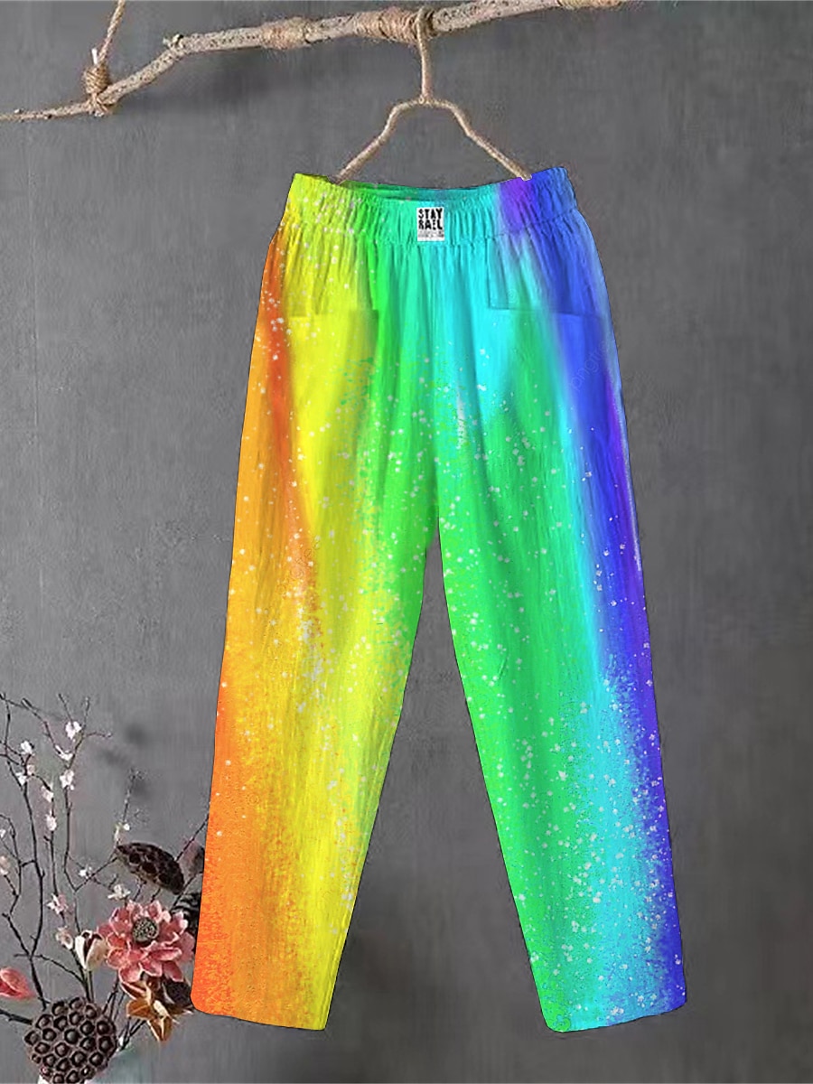 Dames Katoenen linnen broek broek Wijde broek Comfortabel Chino Enkellengte Middelhoge taille Kleurrijk Zak zakkerig Afdrukken Ademend Micro-elastisch Buiten Dagelijks Regenboog Regenboog Regenboog 2025 - $21.99 –P7