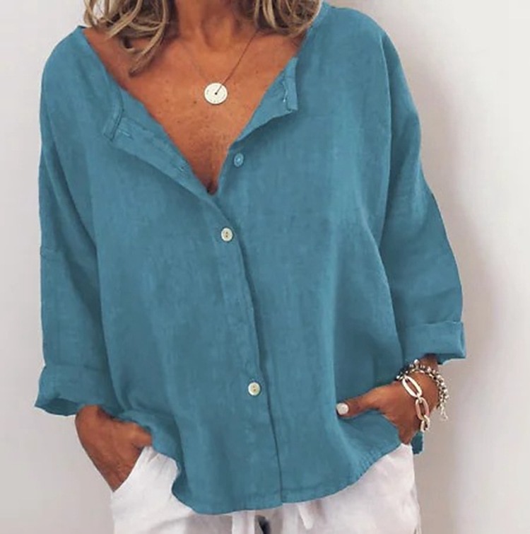 Women's Shirt Cotton Linen Shirts Button Up Blouse Plain Daily Basic Long Sleeve V Neck Regular Tops Casual Daily Buttons Army Green Red Blue Khaki Dark Gray Fall & Winter 2025 - $23.99 –P1