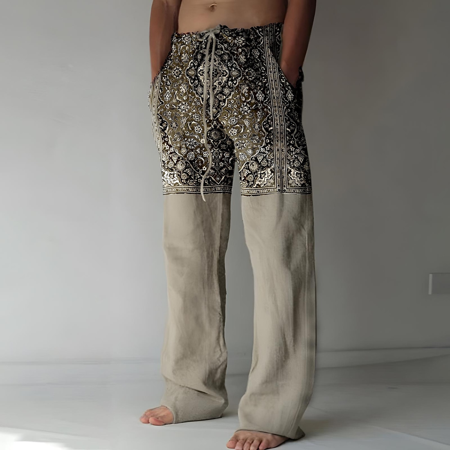 Men's Linen Pants Chinos Trousers Elastic Drawstring Design Print