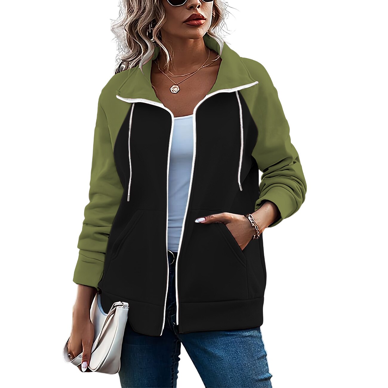 Damen Farbblock Basic Langarm Kapuzenpullover Normale Oberteile Strasse Casual Reißverschluss Vordertasche Weiß Rosa Rote Grün Armeegrün Herbst Winter 2025 - $20.99 –P12