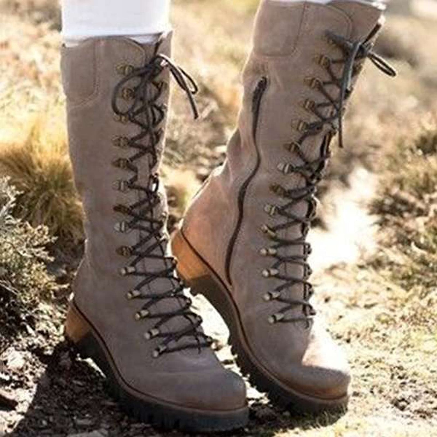 Women's Navy Suede Lace-Up Combat Boots with Side Zipper and Rugged Sole - Stylish High-Cut Boots for Winter and Outdoor Adventures 2025 - $59.99 –P3