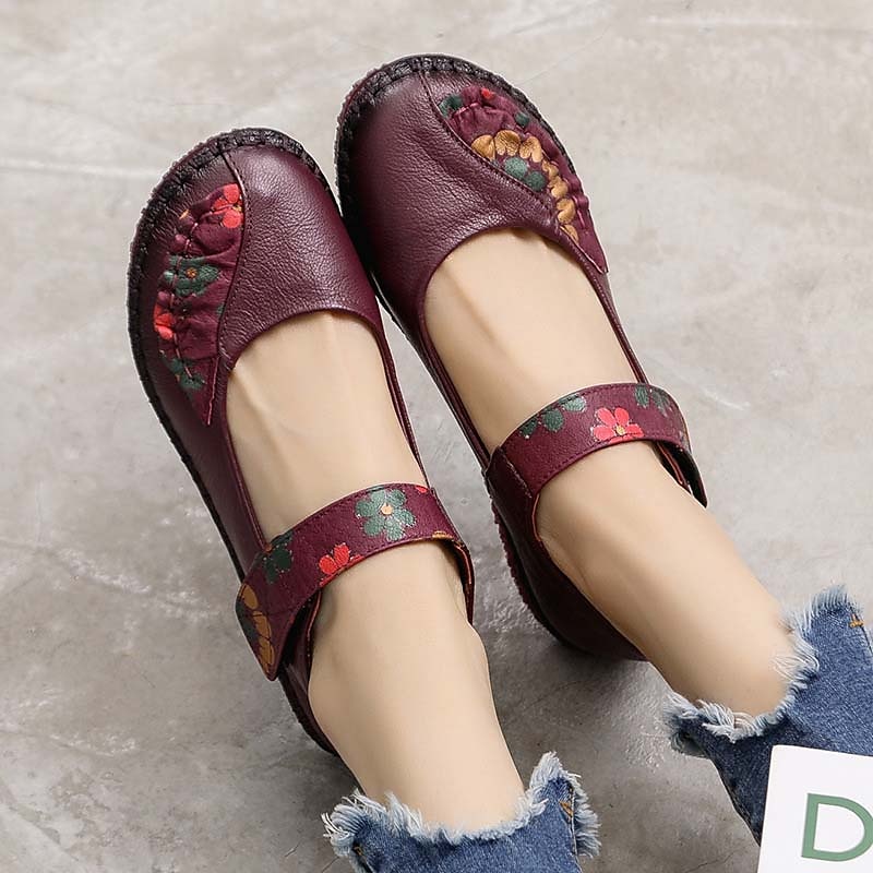 női piros bőr mezítlábas mary jane flats – hímzett virágos alkalmi kényelmes cipő tépőzáras pántokkal 2025 - $42.99 –P10