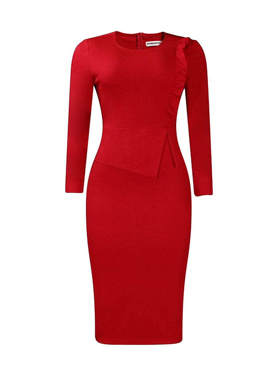 Women's Work Dress Sheath Dress Black Dress Fashion Midi Dress Ruched Split Crew Neck Long Sleeve Plain Regular Fit Black White Red Fall Winter S M L XL XXL 2023 - AED 123 –P16