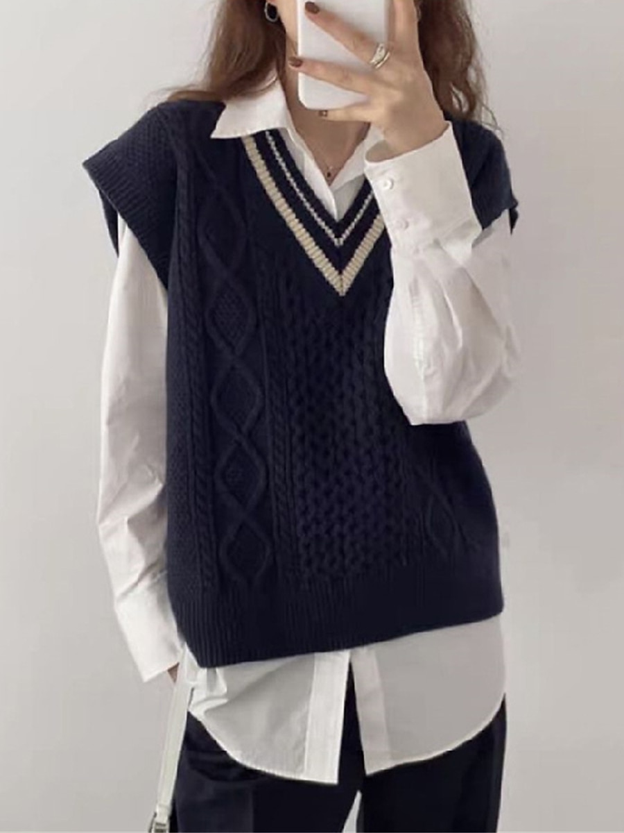Women's Sweater Vest V Neck Cable Knit Knit Oversized Summer Fall Outdoor Daily Going out Stylish Casual Soft Sleeveless Striped Wine Navy Blue Beige One-Size 2023 - US $25.99 –P5