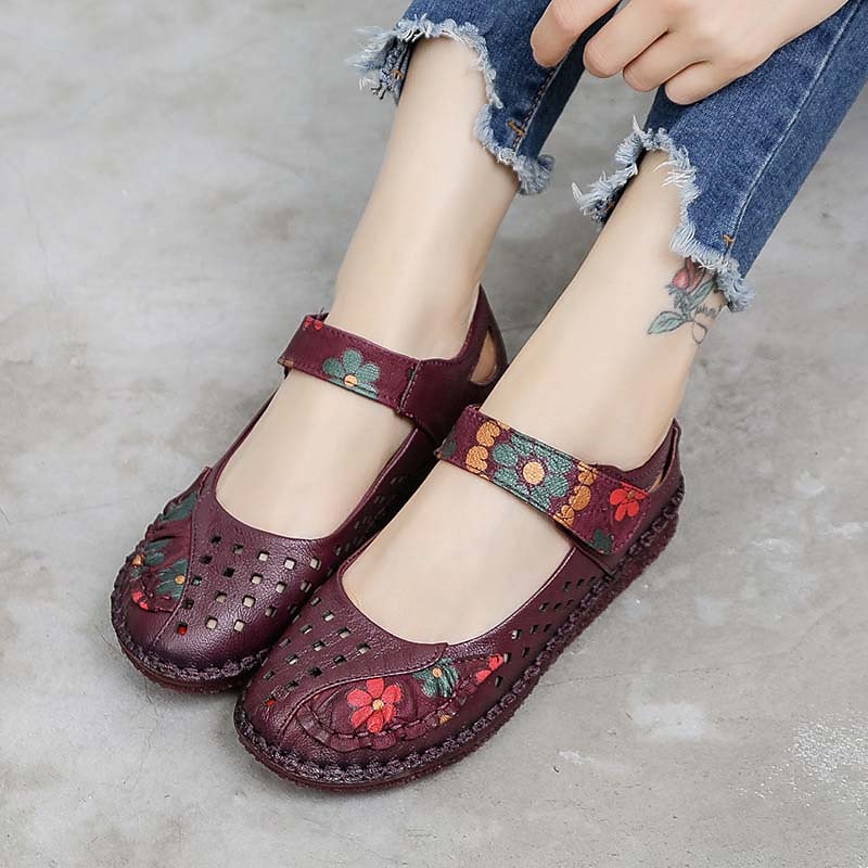 női piros bőr mezítlábas mary jane flats – hímzett virágos alkalmi kényelmes cipő tépőzáras pántokkal 2025 - $42.99 –P9
