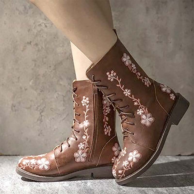 Women's Vintage Floral Embroidered Lace-Up Ankle Boots - Bohemian Style Leather Boots with Side Zipper for Fall and Winter 2025 - $42.99 –P4