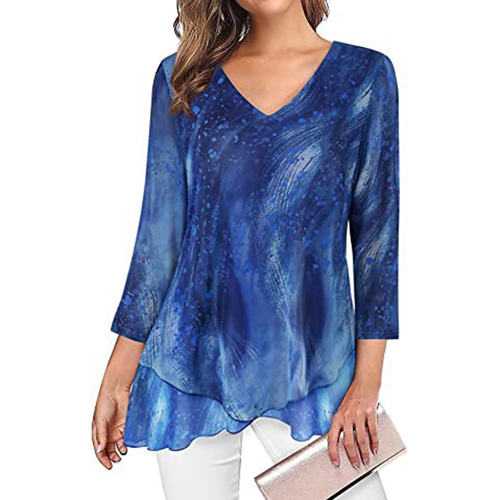 camicetta da donna quotidiano basic stampa floreale manica lunga regular top scollo a V casual nero verde chiaro vino blu verde autunno&amp; inverno del 2025 a $31.99 –P5