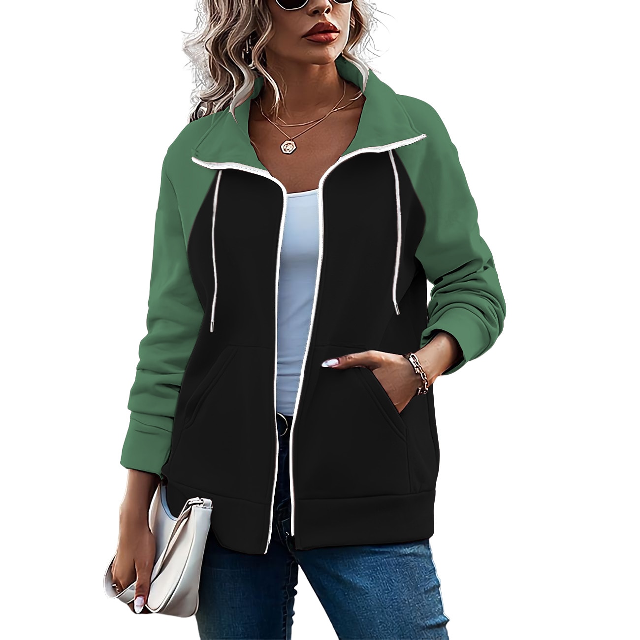 Damen Farbblock Basic Langarm Kapuzenpullover Normale Oberteile Strasse Casual Reißverschluss Vordertasche Weiß Rosa Rote Grün Armeegrün Herbst Winter 2025 - $20.99 –P6