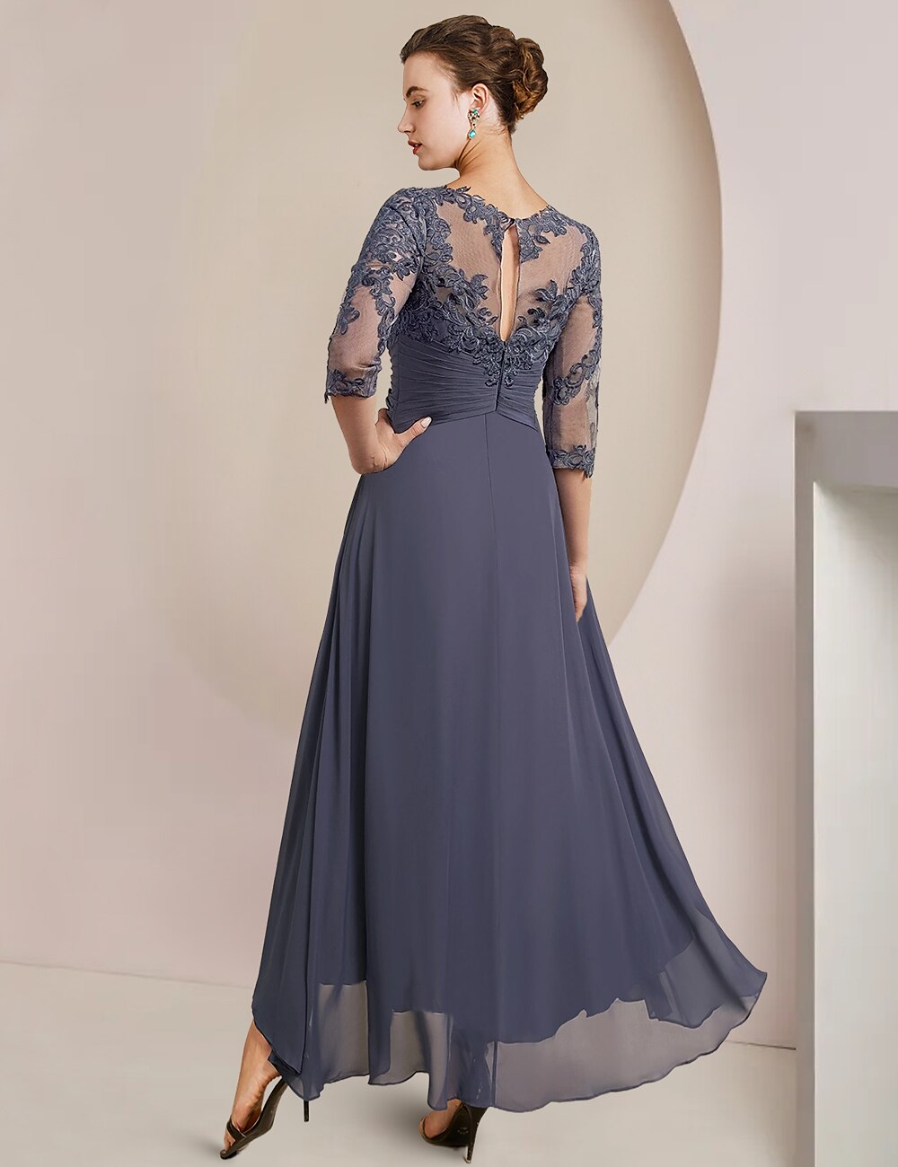 A-Line Mother of the Bride Dress Wedding Guest Elegant High Low Scoop Neck  Asymmetrical Tea Length Chiffon Lace 3/4 Length Sleeve with Pleats  Appliques 2024 2024 - $167.99