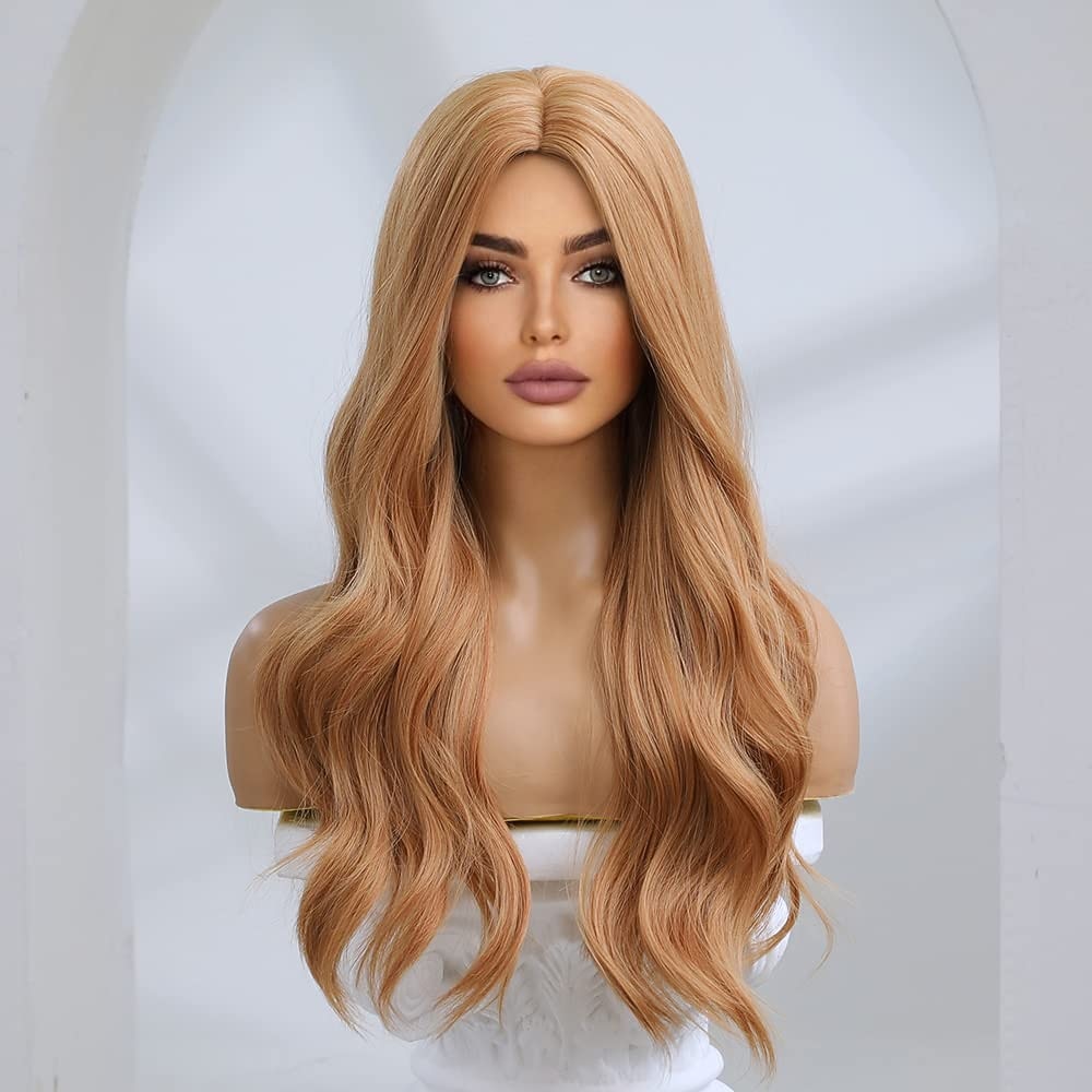 Perruque Longue Blonde Doré Racine Foncée - Synthétique Avec Frange - Bonnet Moyen