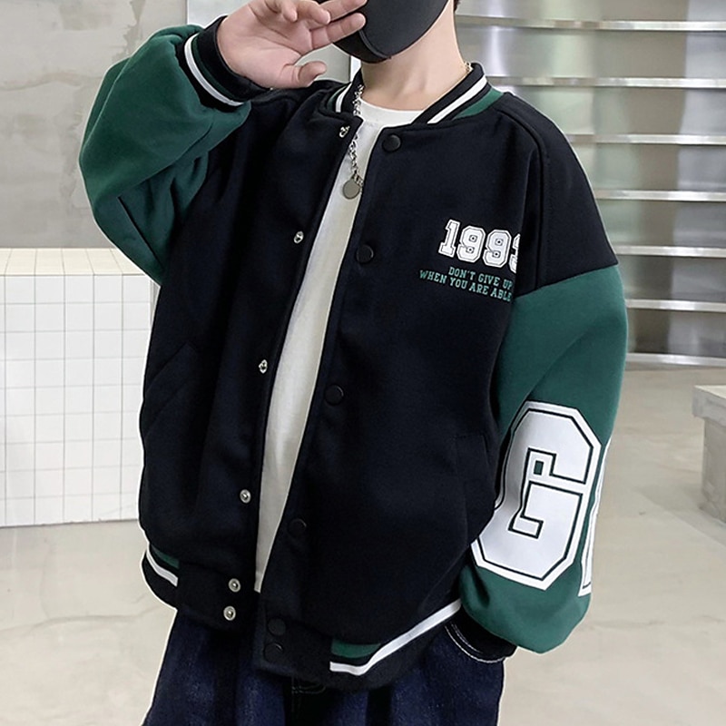 barn pojkar ytterkläder basebolljackor ytterkläder färg block bokstav långärmad fickkappa skolsport mode streetwear grön höst vinter 7-13 år 2025 - $21.99 –P8