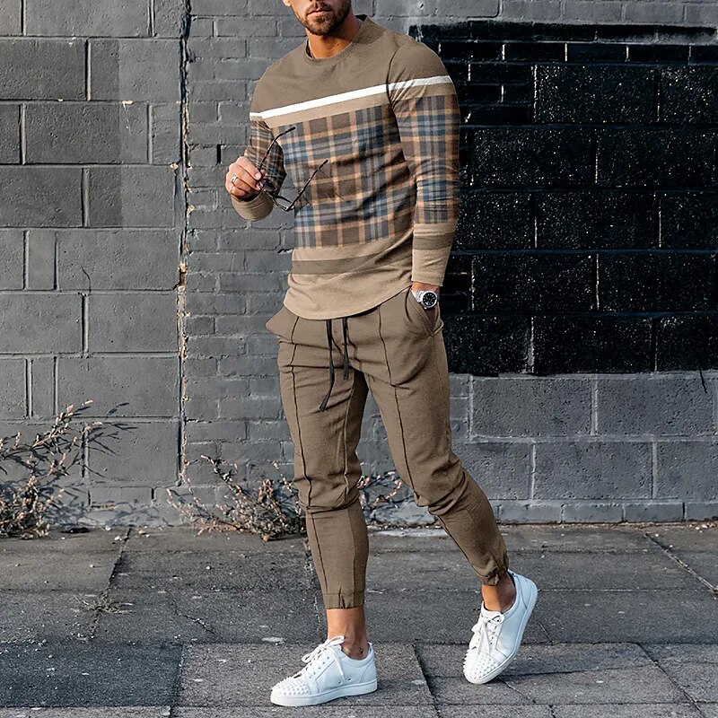 Herr Geometrisk 2st 3D-tröja set Matchande set Långärmad Långa byxor Rund hals Sport Designer Ledigt Utomhus Utomhussport Dagligen Vår & sommar Brun 2025 - $37.99 –P1