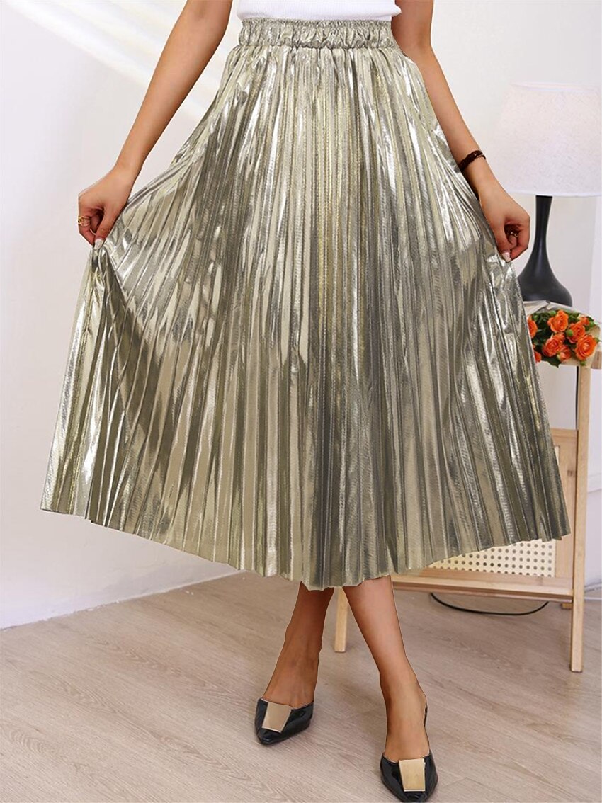 Per donna Altalena a dondolo Gonna lunga Medio Gonne A pieghe Metallizzato Lungo Tinta unita Scintillante Halloween Strada Per tutte le stagioni Poliestere Di tendenza Brillante Argento Nero Oro Oro del 2025 a $28.99 –P8