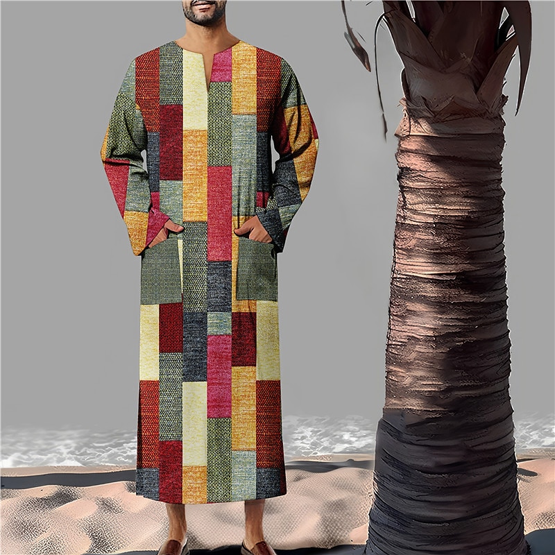 Herr Geometriska mönster Skjorta Knapp upp skjorta muslimska Thobe Långärmad Vintage Mode Designer Utomhus Höst vinter V-hals Mönster Gul Ljusgrön Rodnande Rosa Blå Grön 2025 - $31.99 –P1
